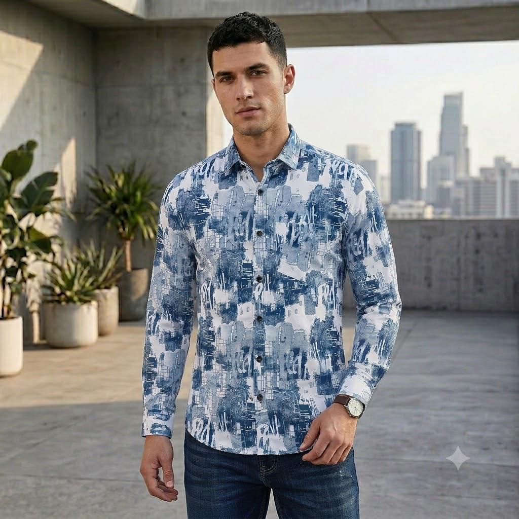 Men's Modern Artistic Print Full Sleeve Button-Down Shirt